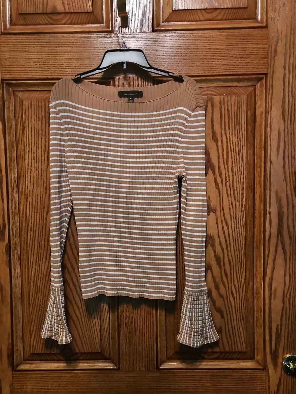 Beige and White Striped Bell-Sleeve Sweater